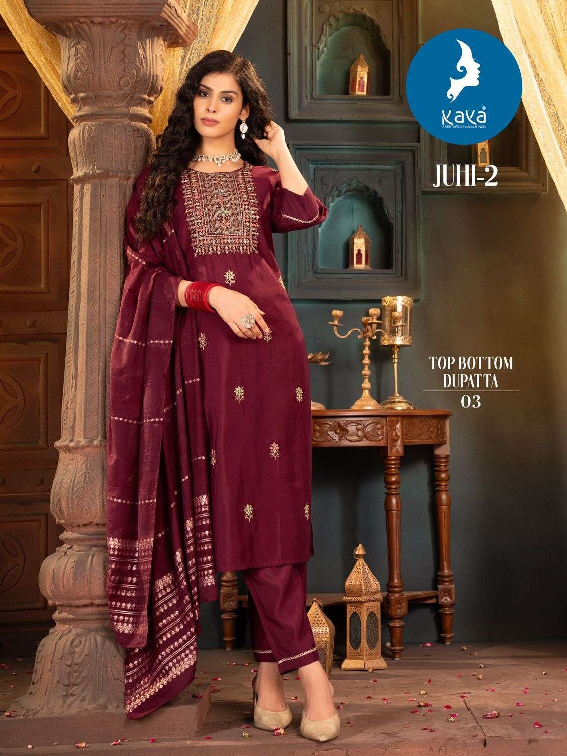 KAYA JUHI-2 KURTI  DUPATTA SILK WITH BEAUTIFUL HANDWORK AND PANT ROMAN SILK