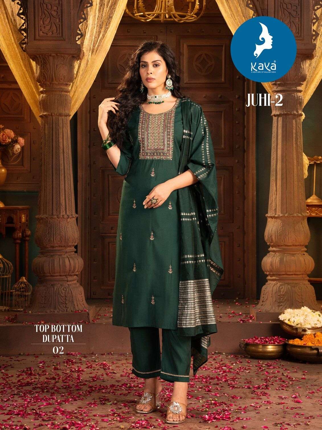 KAYA JUHI-2 KURTI  DUPATTA SILK WITH BEAUTIFUL HANDWORK AND PANT ROMAN SILK