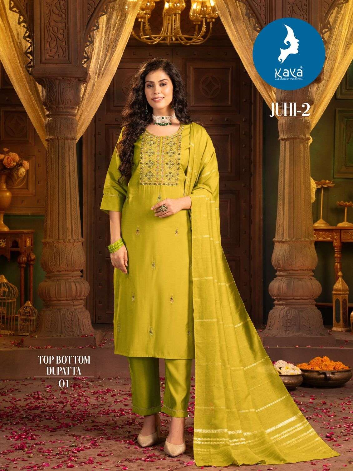 KAYA JUHI-2 KURTI  DUPATTA SILK WITH BEAUTIFUL HANDWORK AND PANT ROMAN SILK