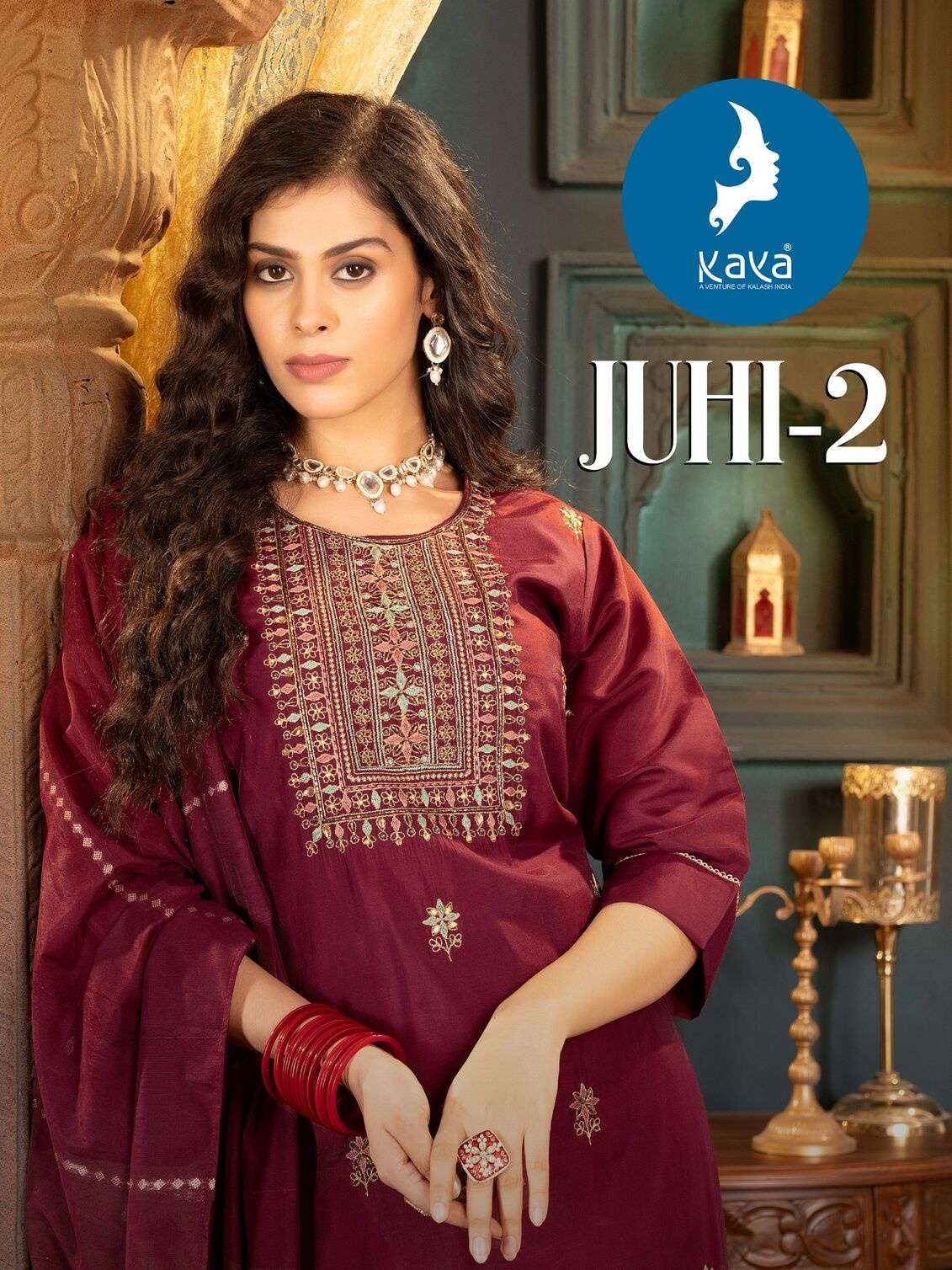 KAYA JUHI-2 KURTI  DUPATTA SILK WITH BEAUTIFUL HANDWORK AND PANT ROMAN SILK