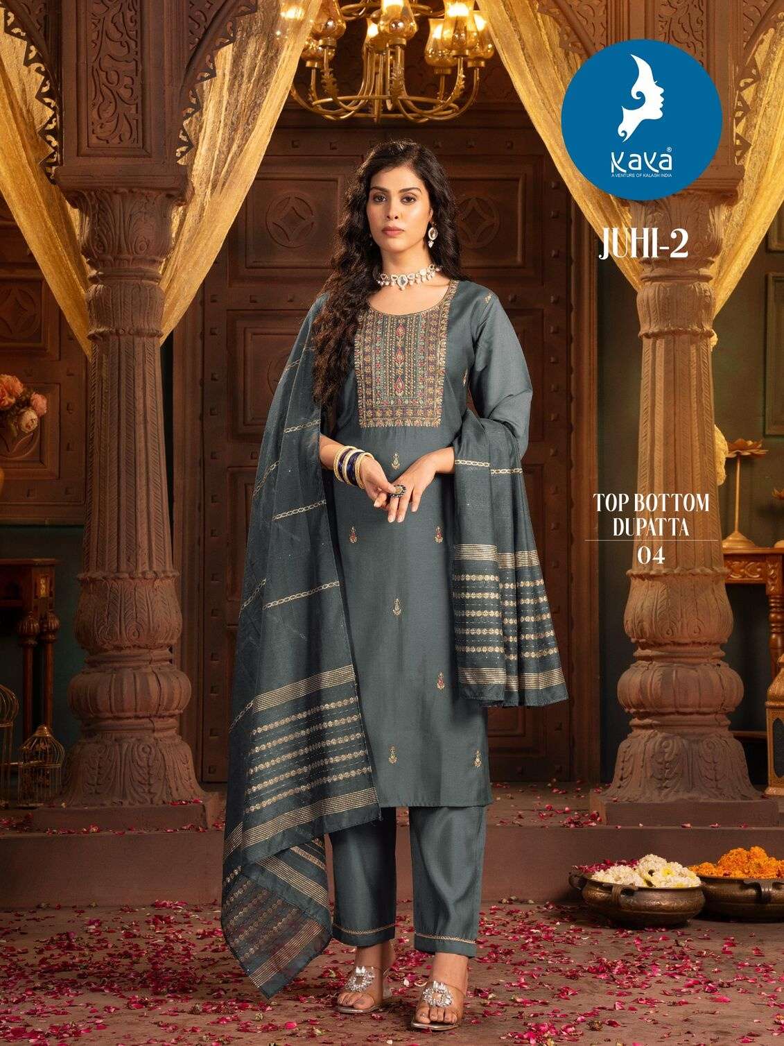 KAYA JUHI-2 KURTI  DUPATTA SILK WITH BEAUTIFUL HANDWORK AND PANT ROMAN SILK