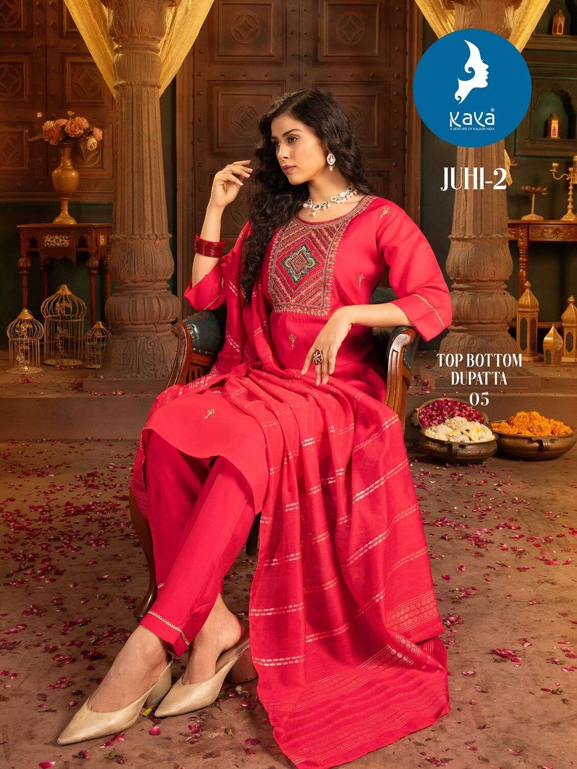 KAYA JUHI-2 KURTI  DUPATTA SILK WITH BEAUTIFUL HANDWORK AND PANT ROMAN SILK