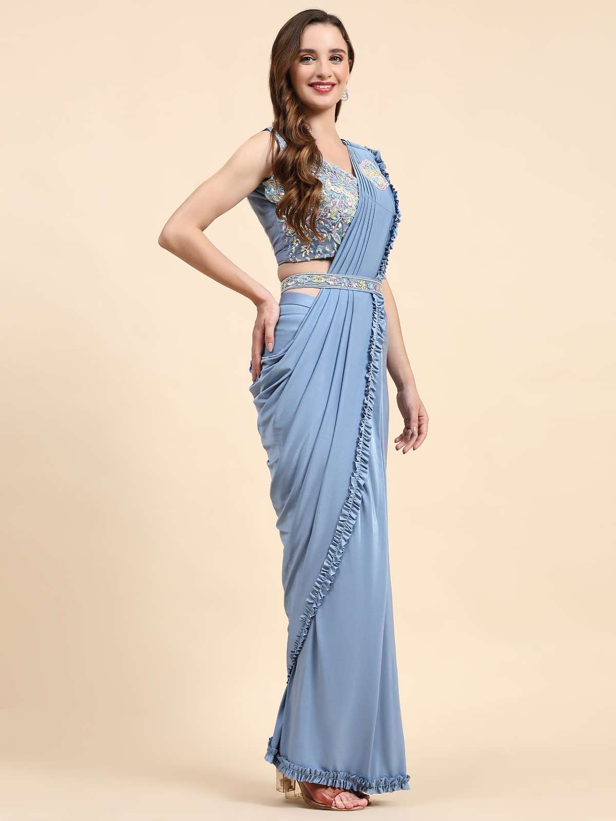 LUCACCI DESIGNER D-101888 READY TO WEAR SAREES  IMPORTED FABRIC AND FRILLED BORDER WITH HANDWORK BELT 