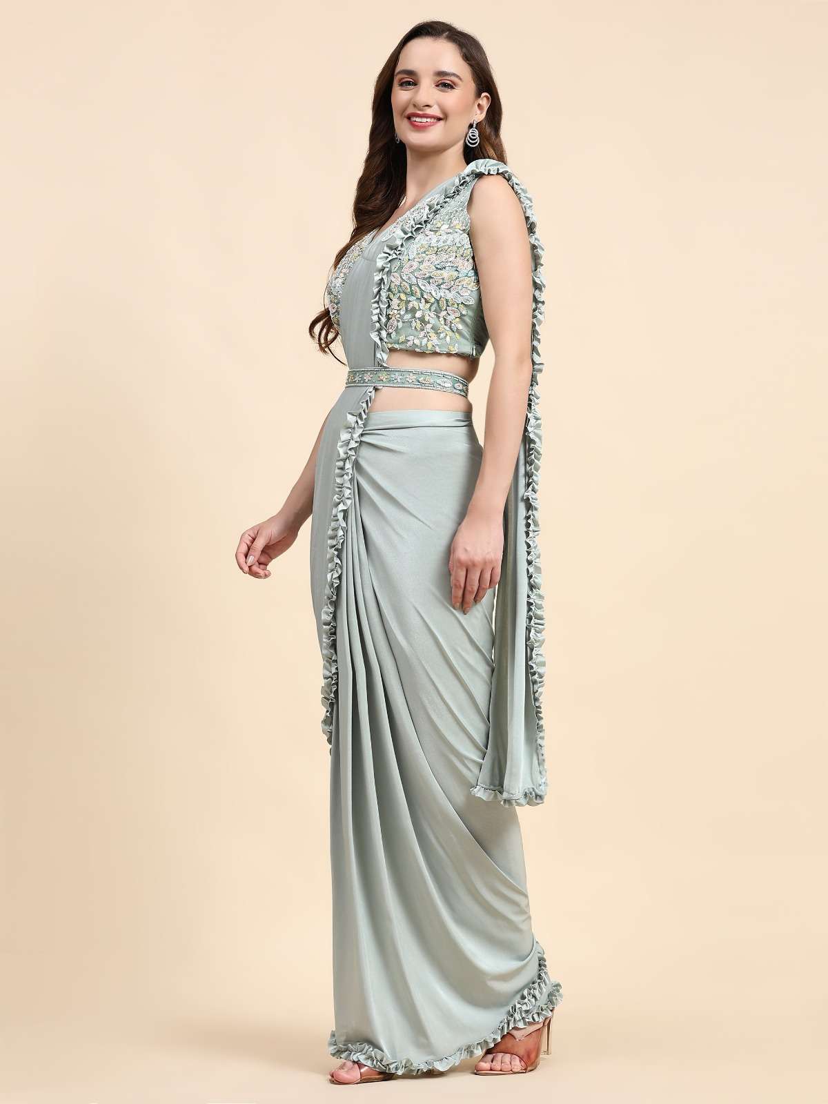 LUCACCI DESIGNER D-101888 READY TO WEAR SAREES  IMPORTED FABRIC AND FRILLED BORDER WITH HANDWORK BELT 