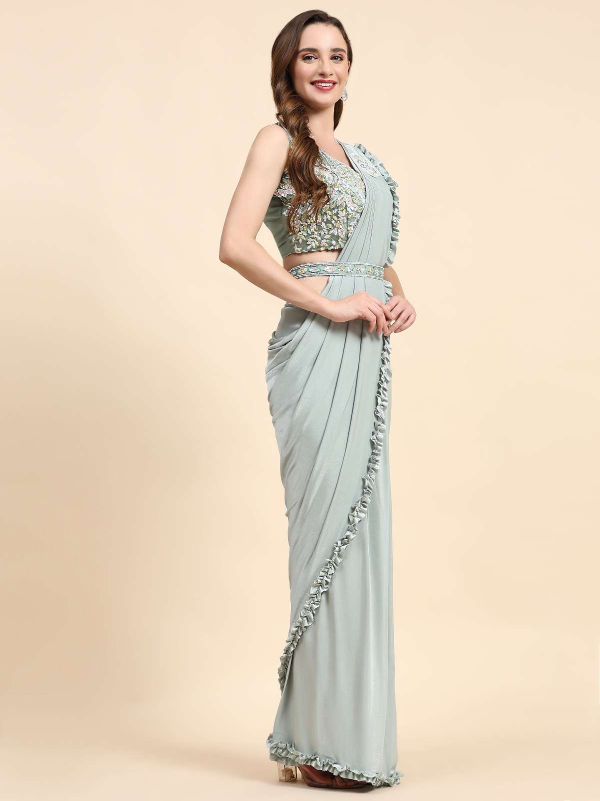 LUCACCI DESIGNER D-101888 READY TO WEAR SAREES  IMPORTED FABRIC AND FRILLED BORDER WITH HANDWORK BELT 