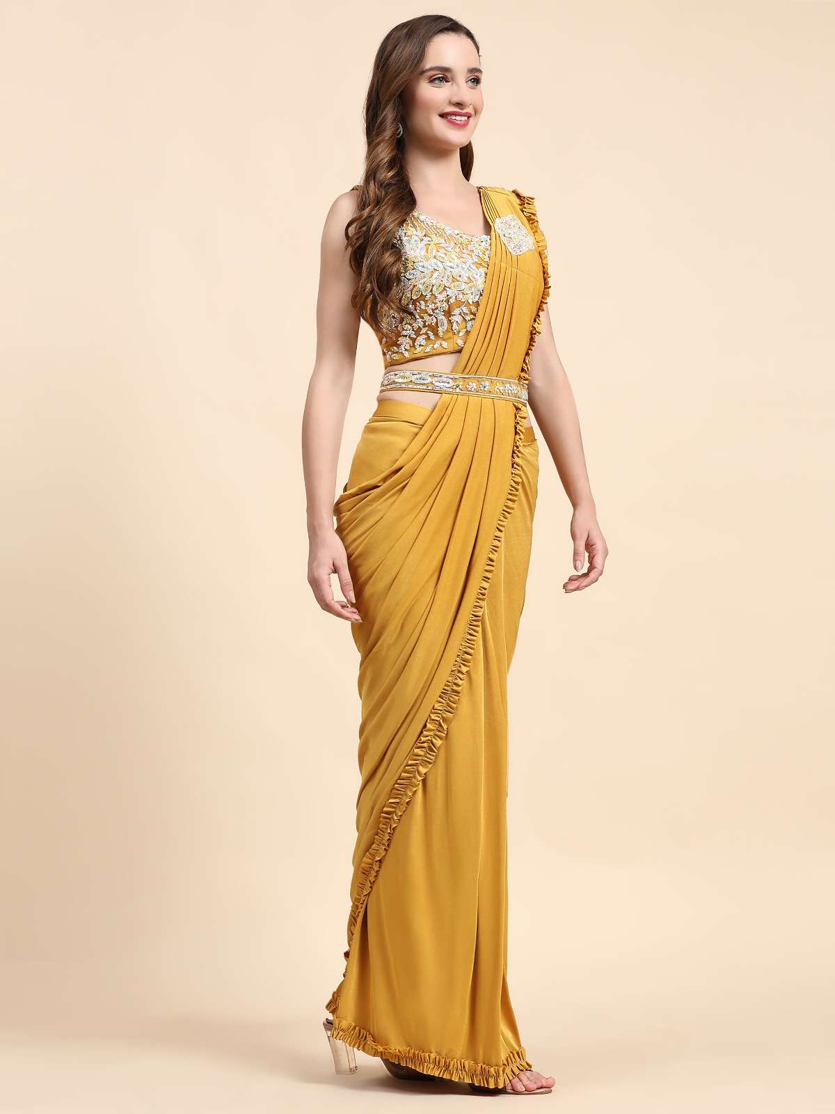 LUCACCI DESIGNER D-101888 READY TO WEAR SAREES  IMPORTED FABRIC AND FRILLED BORDER WITH HANDWORK BELT 
