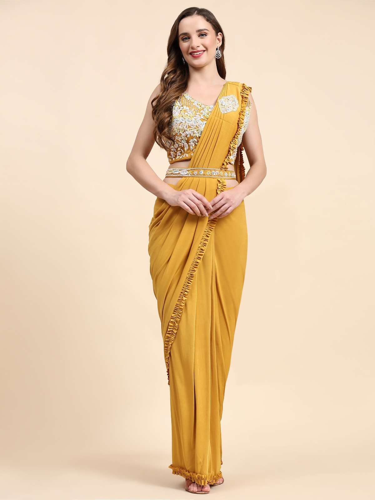 LUCACCI DESIGNER D-101888 READY TO WEAR SAREES  IMPORTED FABRIC AND FRILLED BORDER WITH HANDWORK BELT 