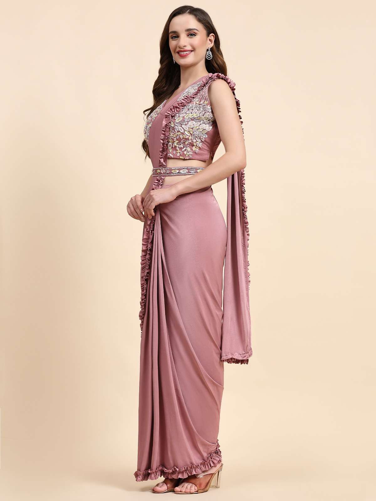 LUCACCI DESIGNER D-101888 READY TO WEAR SAREES  IMPORTED FABRIC AND FRILLED BORDER WITH HANDWORK BELT 