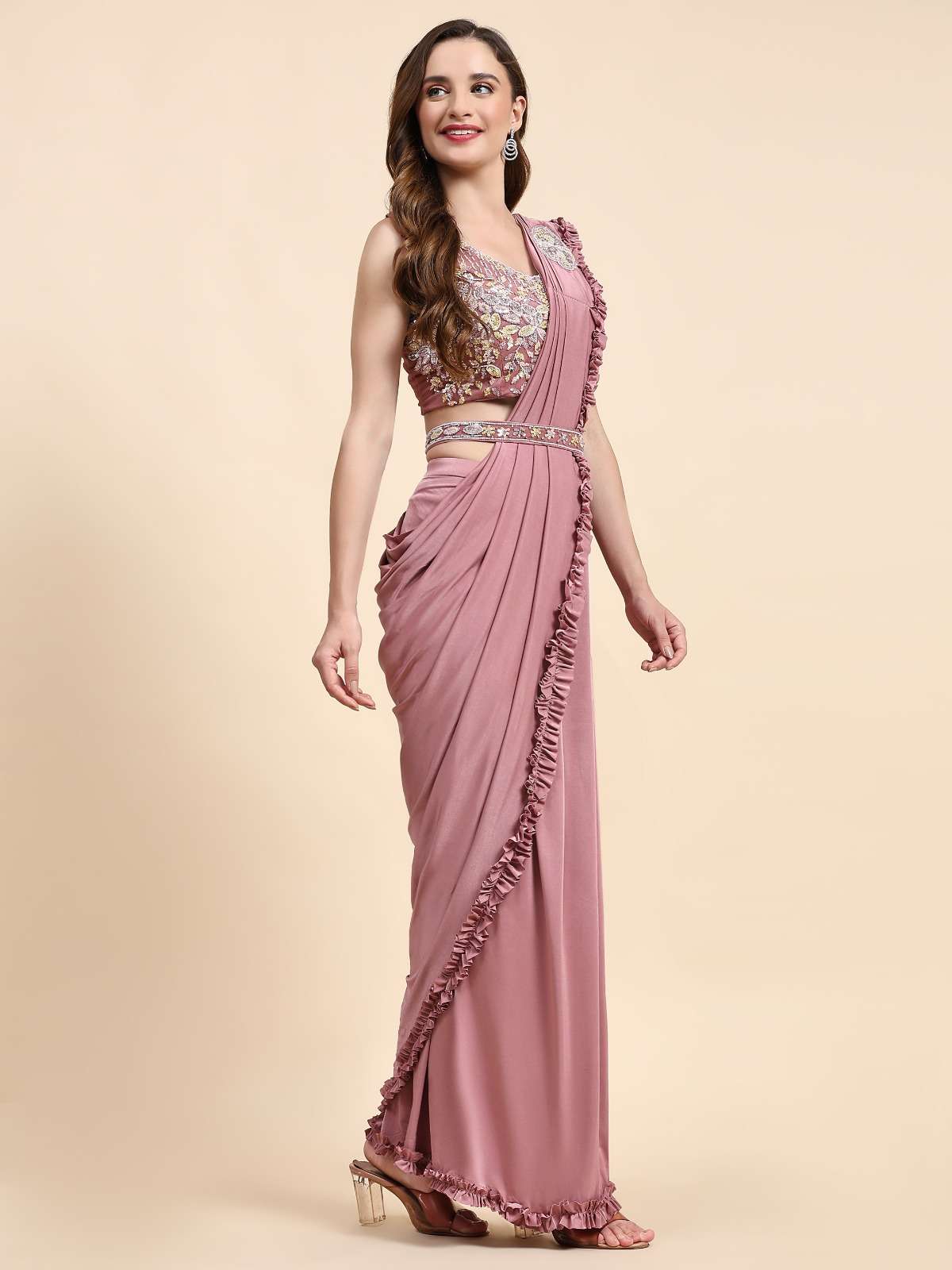 LUCACCI DESIGNER D-101888 READY TO WEAR SAREES  IMPORTED FABRIC AND FRILLED BORDER WITH HANDWORK BELT 
