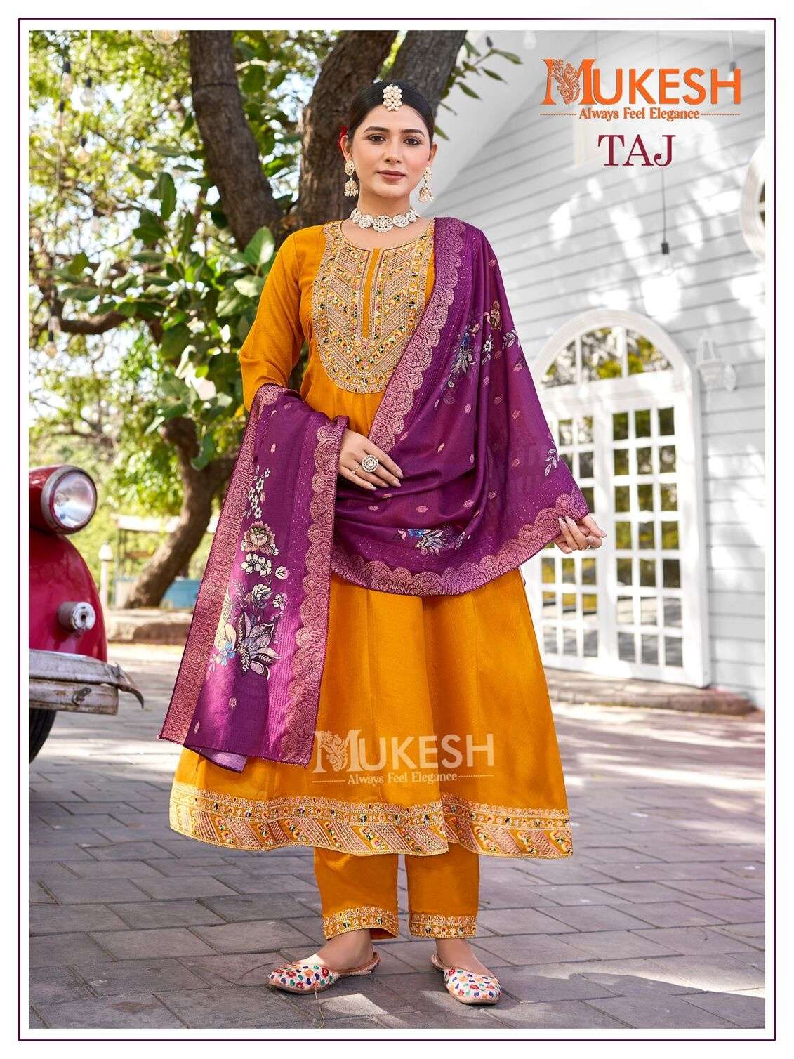 TAJ BY MUKESH ANARKALI GOWN WITH PANT AND DUPATTA IN PURE VISCOSE VICHITRA SILK