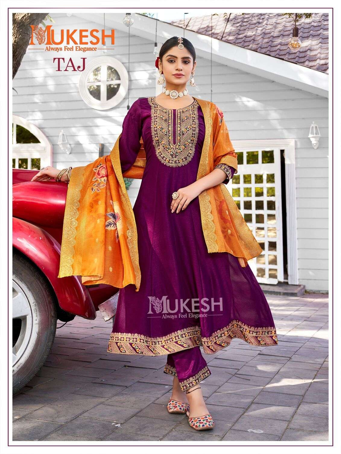 TAJ BY MUKESH ANARKALI GOWN WITH PANT AND DUPATTA IN PURE VISCOSE VICHITRA SILK