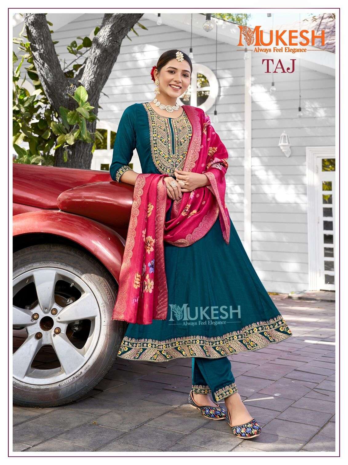 TAJ BY MUKESH ANARKALI GOWN WITH PANT AND DUPATTA IN PURE VISCOSE VICHITRA SILK