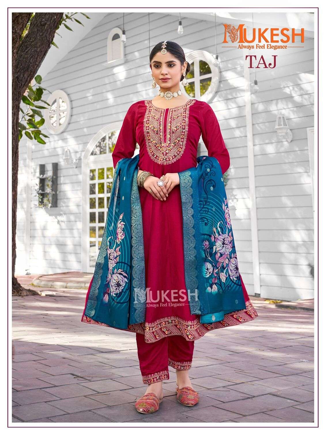 TAJ BY MUKESH ANARKALI GOWN WITH PANT AND DUPATTA IN PURE VISCOSE VICHITRA SILK