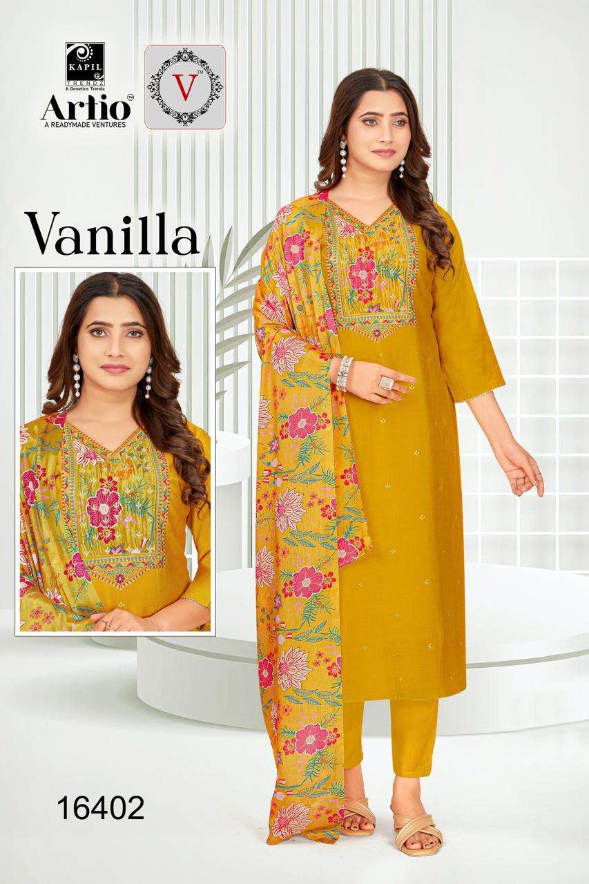 VANILLA BY KAPIL TRENDZ IN PV SILK WITH EMBROIDERY WORK ON CHINNON PRINT NECK