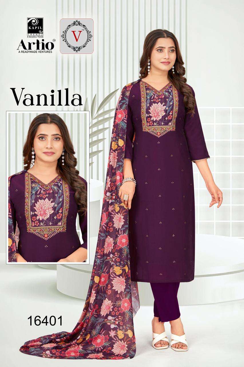 VANILLA BY KAPIL TRENDZ IN PV SILK WITH EMBROIDERY WORK ON CHINNON PRINT NECK
