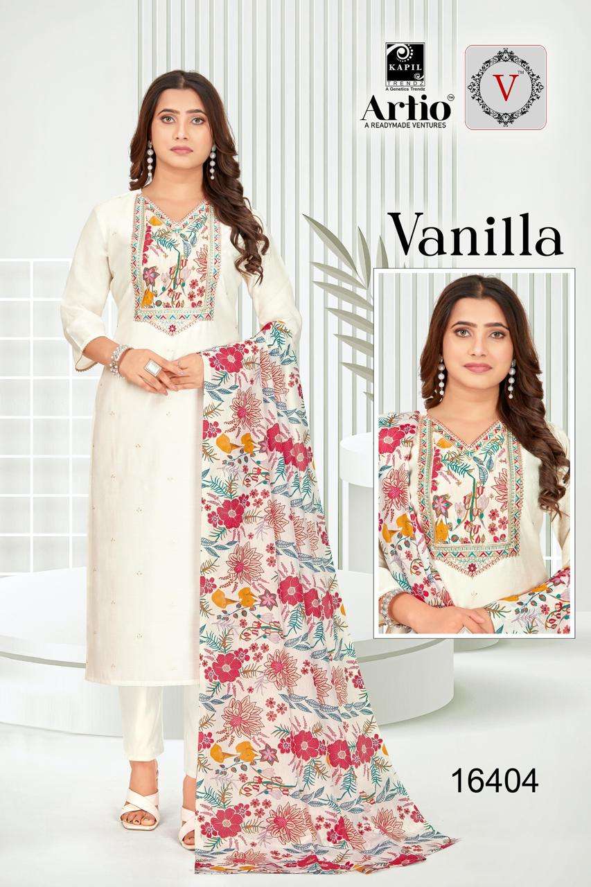 VANILLA BY KAPIL TRENDZ IN PV SILK WITH EMBROIDERY WORK ON CHINNON PRINT NECK