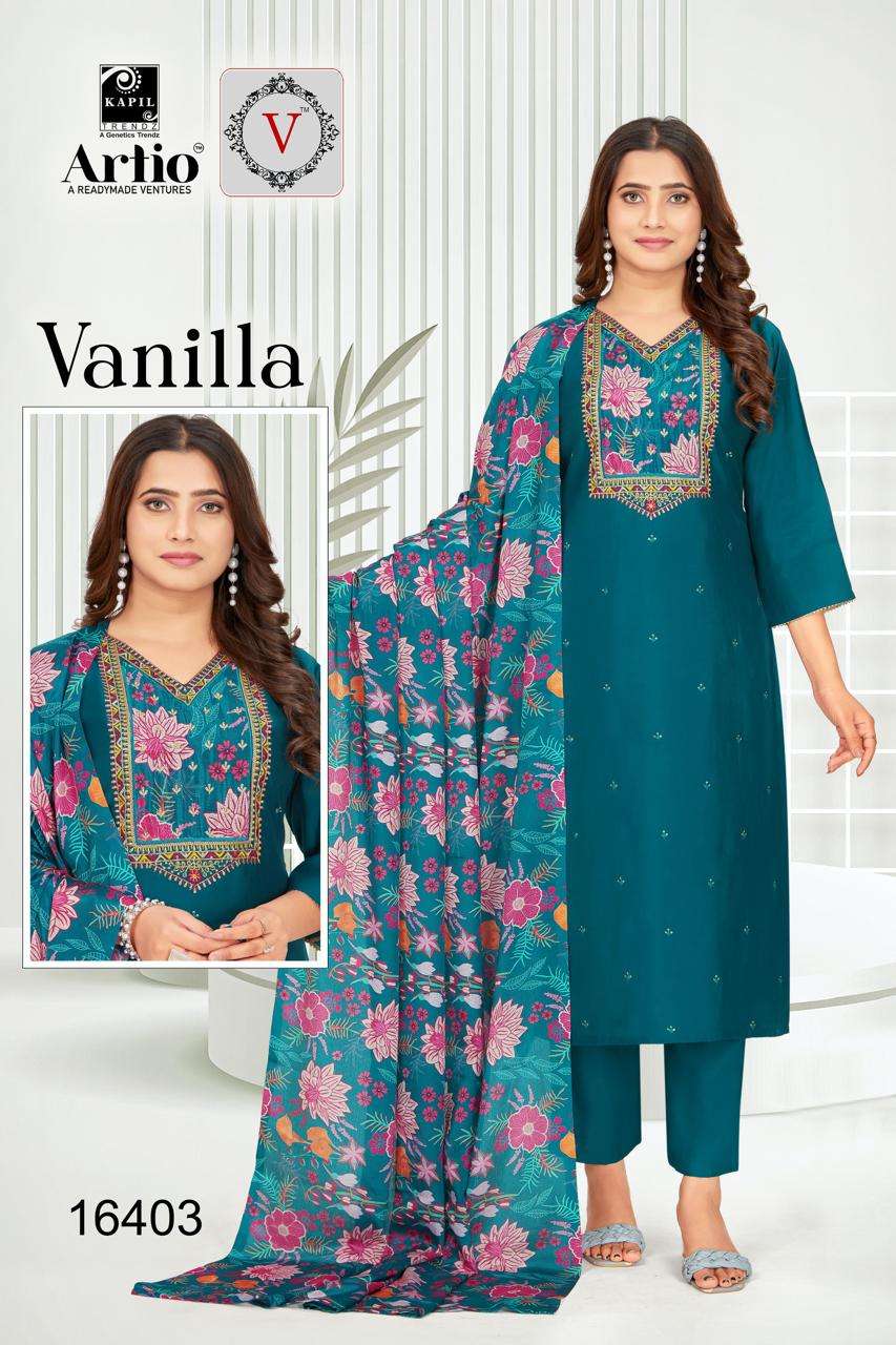 VANILLA BY KAPIL TRENDZ IN PV SILK WITH EMBROIDERY WORK ON CHINNON PRINT NECK