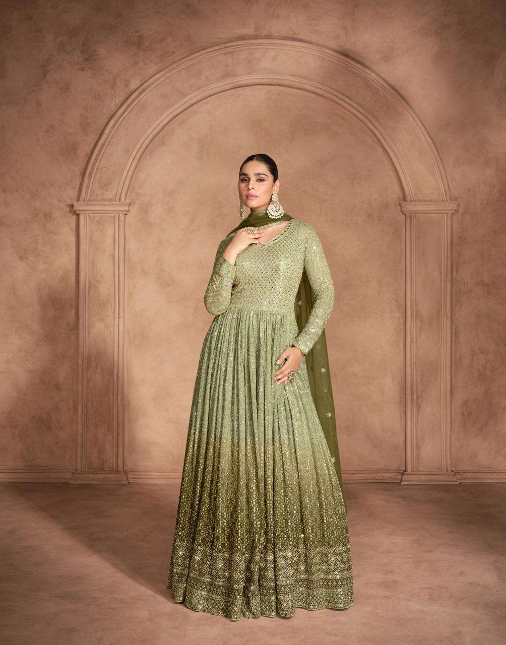 ADITI BY SAYURI DESIGNER IN REAL GEROGETTE WITH EMBROIDERED NET DUPATTA