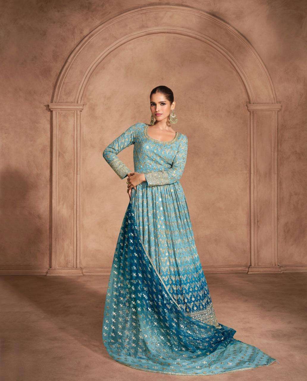 ADITI BY SAYURI DESIGNER IN REAL GEROGETTE WITH EMBROIDERED NET DUPATTA