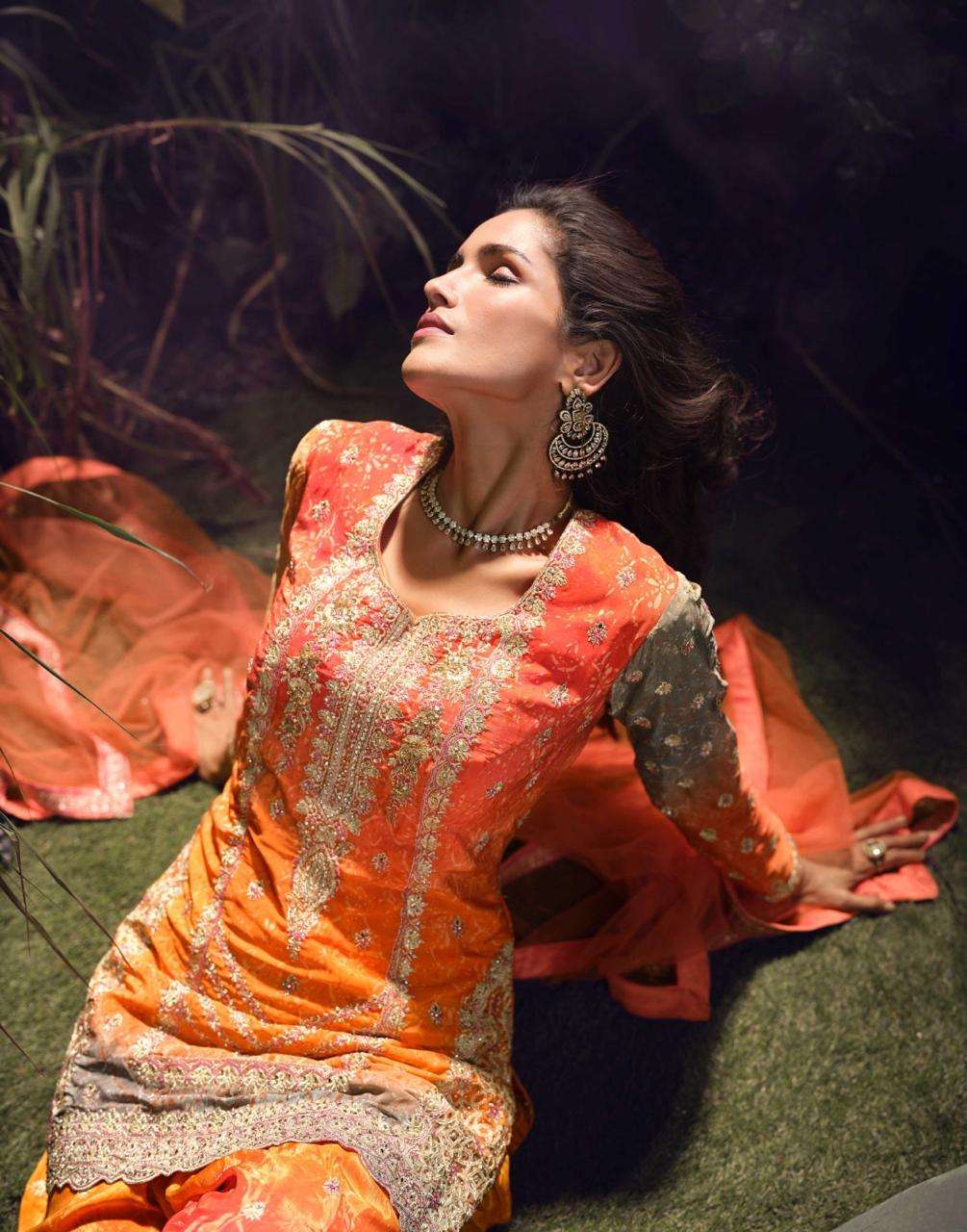 CARNIVAL BY SAYURI DESIGNER IN PREMIUM REAL CHINON SILK HEAVY LOOK EMBROIDERED TOP WITH HAND MIRROR WORK