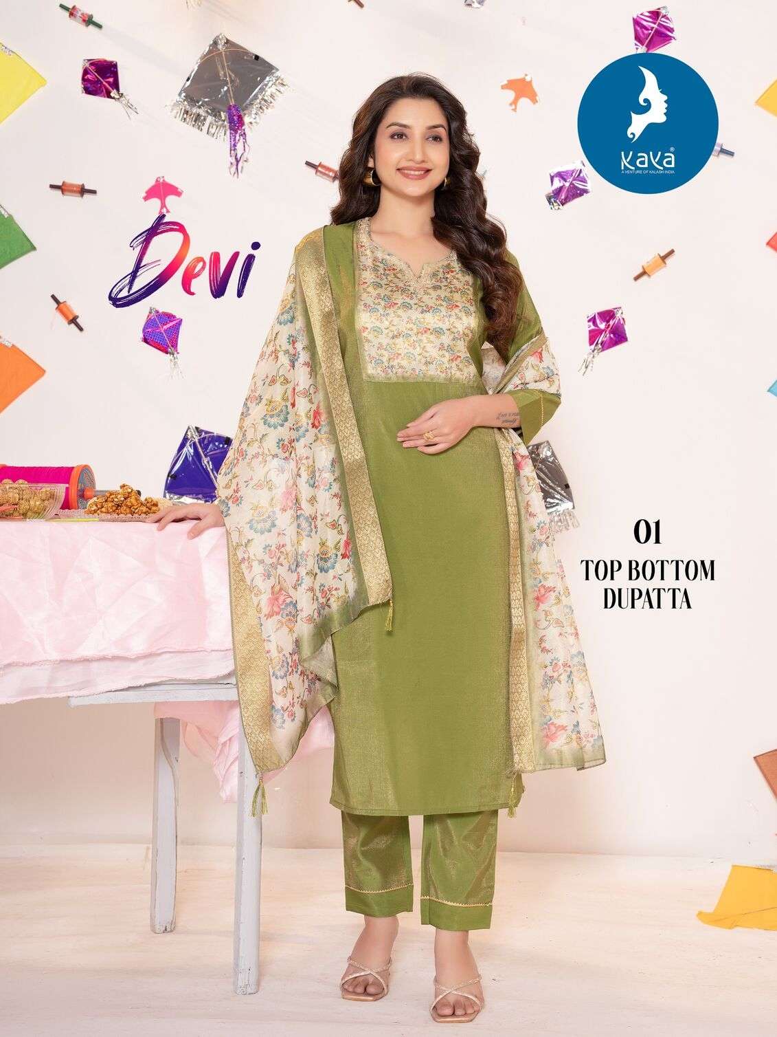 DEVI BY KAYA KURTI IN ROMAN SHIMMER WITH ONESIDE POCKET 3 PIECE CONCEPT WITH STRAIGHT CUT