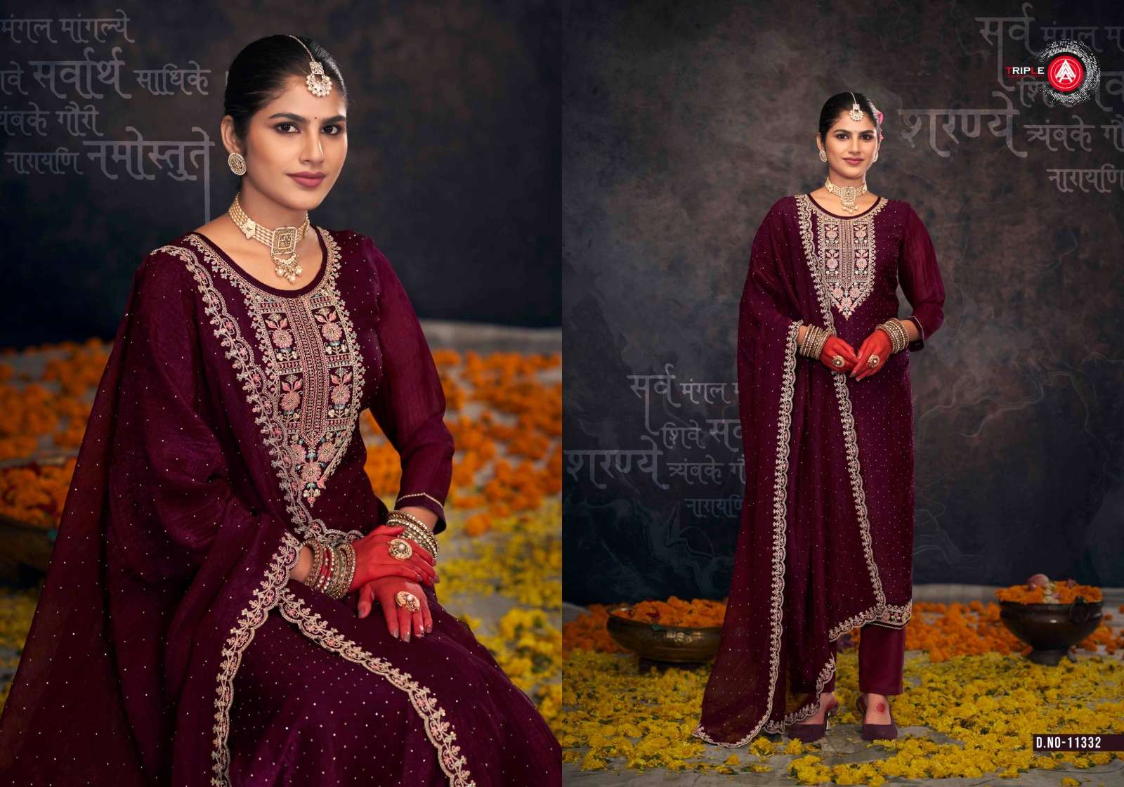 GULABI VOL-2 BY TRIPLE IN CRUNCHY SILK WITH HEAVY CORDING WORK AND JARKAN WORK