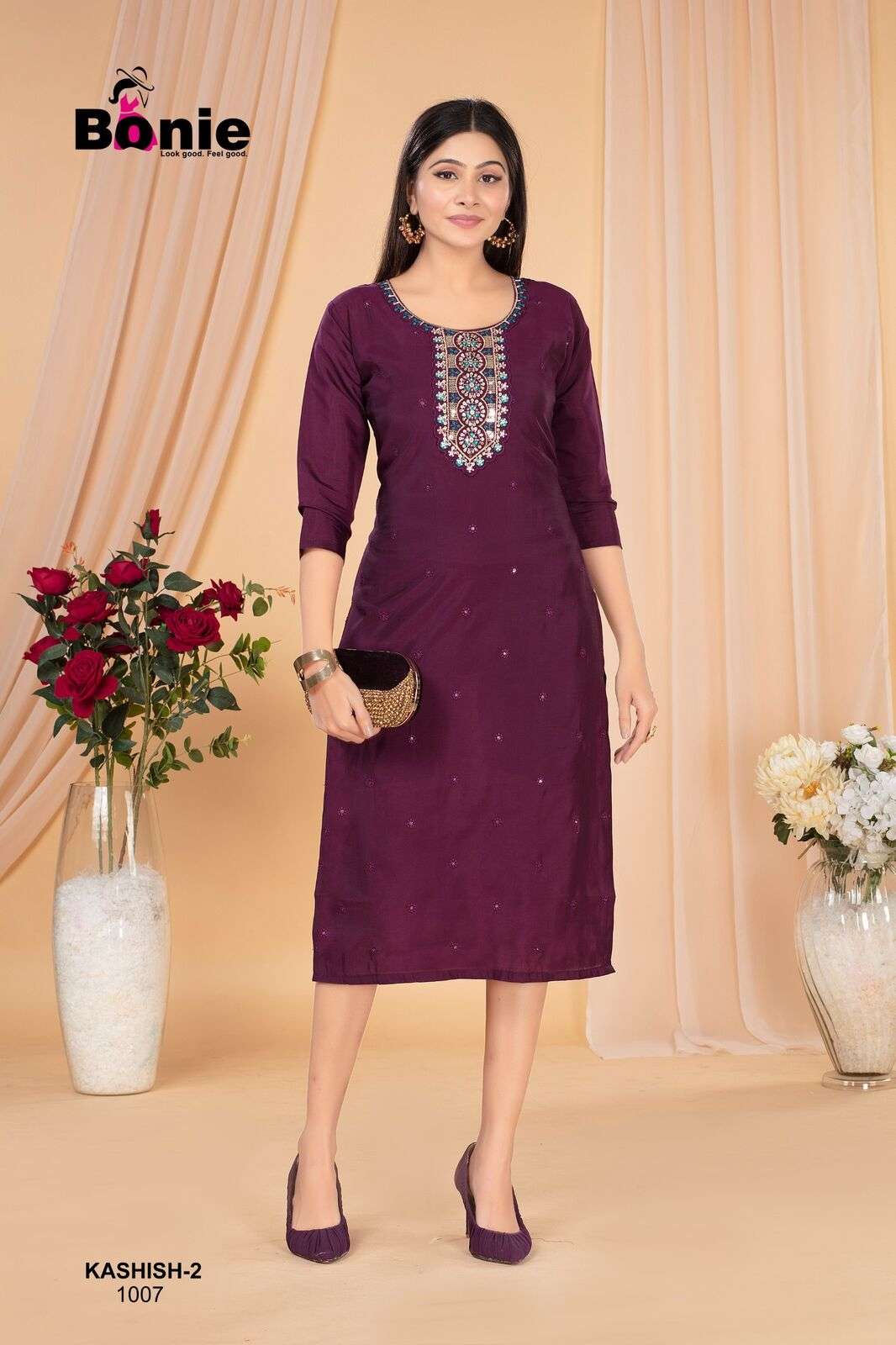 KASHISH VO-2 BY BONIE IN  ROMAN SILK STRAIGHT KURTI WHIT HAND WORK 