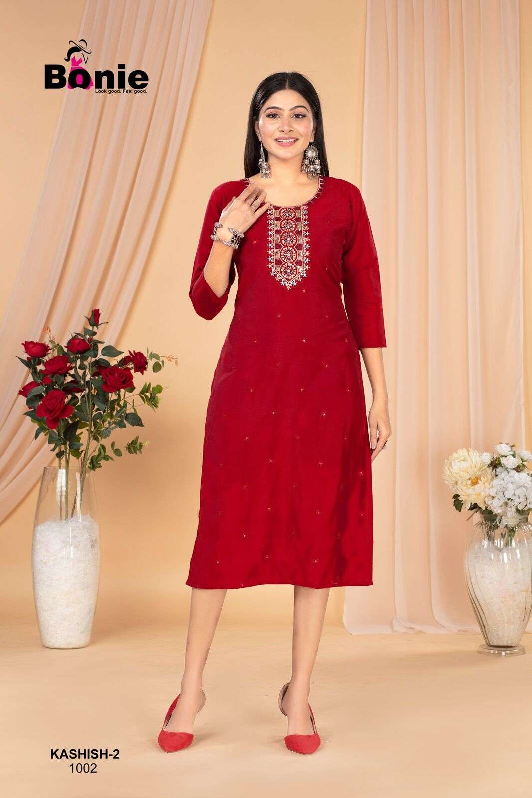 KASHISH VO-2 BY BONIE IN  ROMAN SILK STRAIGHT KURTI WHIT HAND WORK 