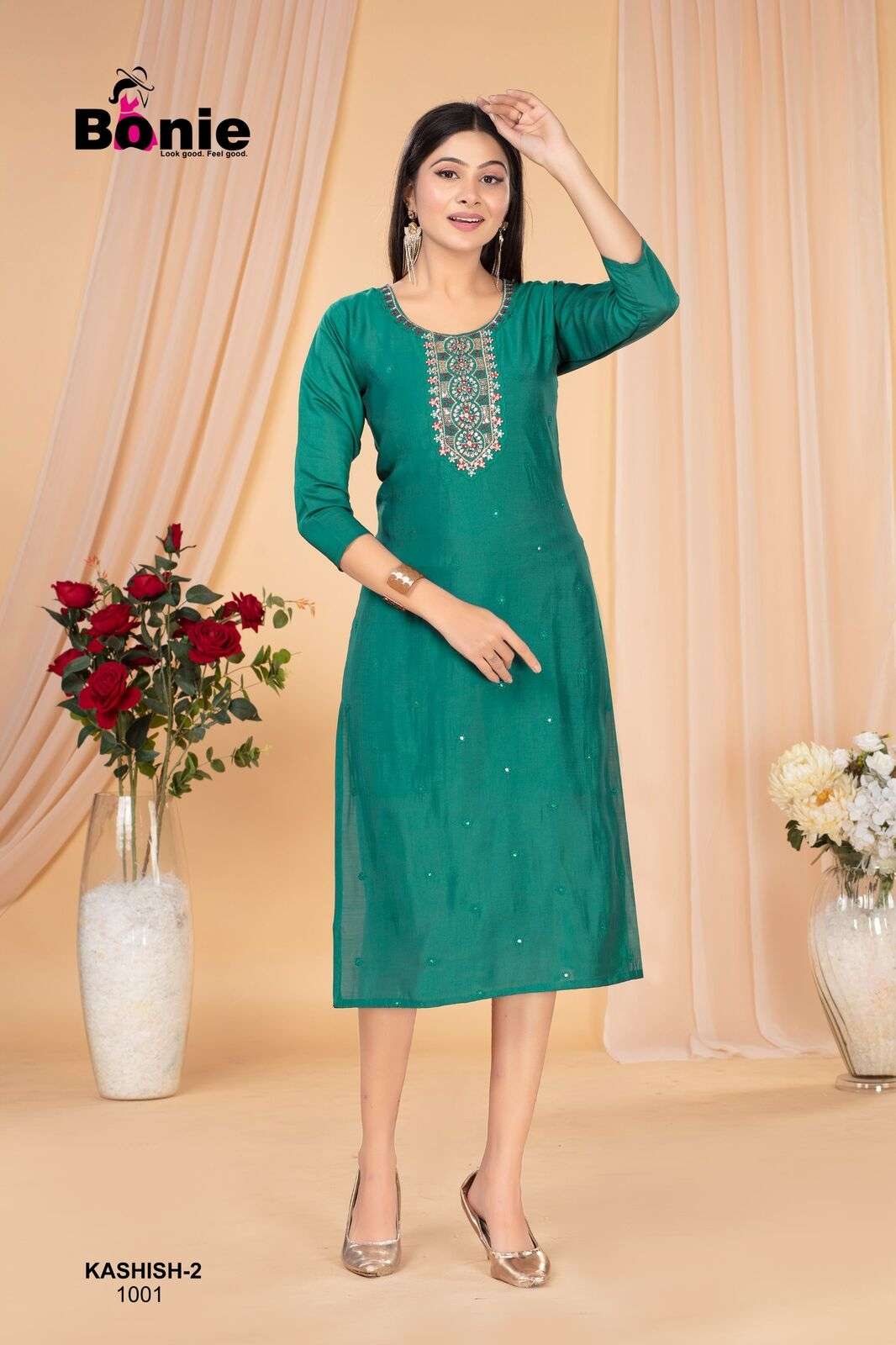 KASHISH VO-2 BY BONIE IN  ROMAN SILK STRAIGHT KURTI WHIT HAND WORK 