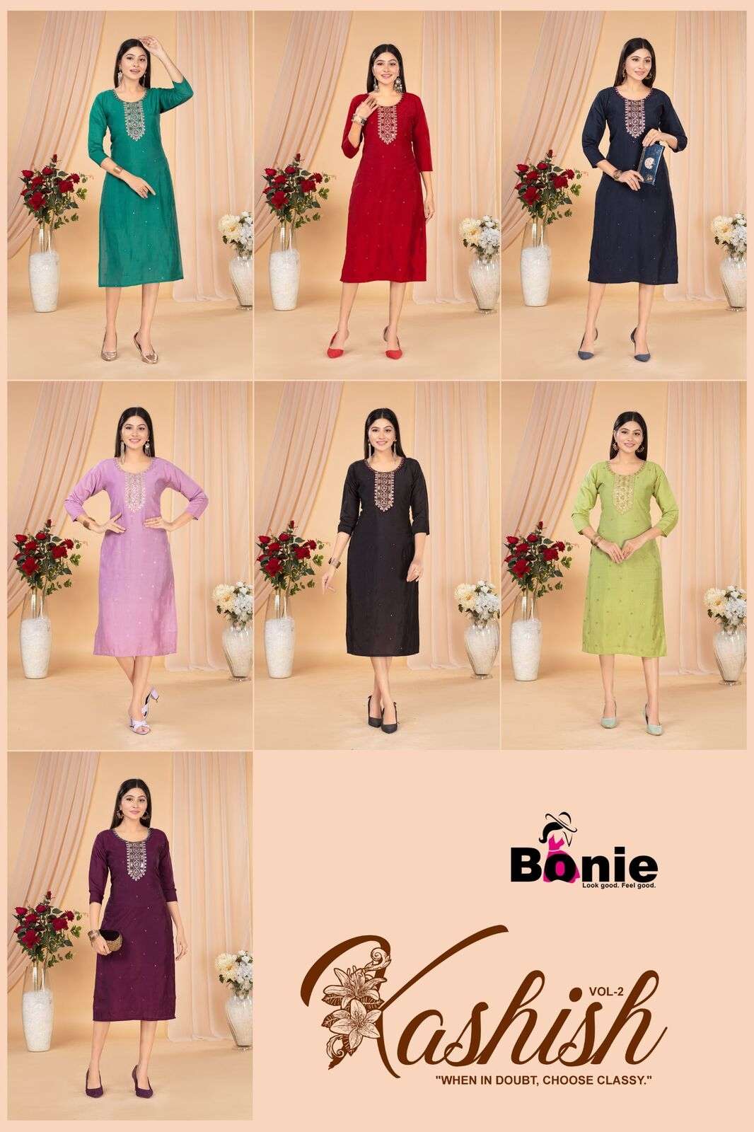 KASHISH VO-2 BY BONIE IN  ROMAN SILK STRAIGHT KURTI WHIT HAND WORK 