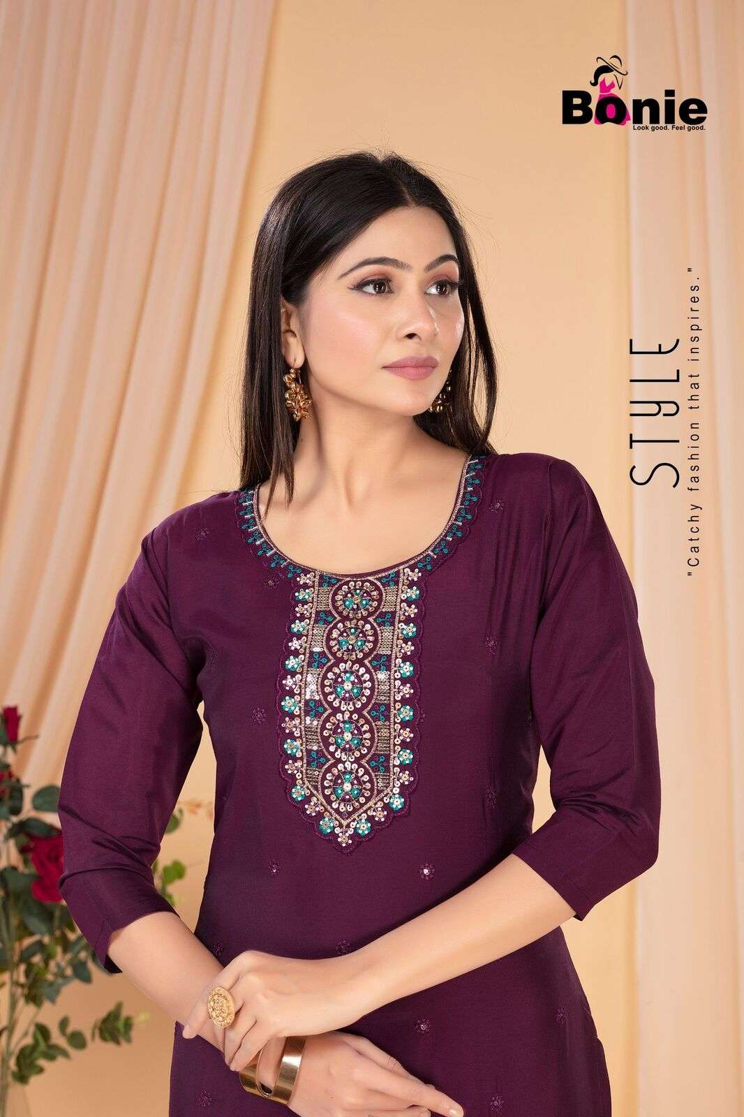 KASHISH VO-2 BY BONIE IN  ROMAN SILK STRAIGHT KURTI WHIT HAND WORK 