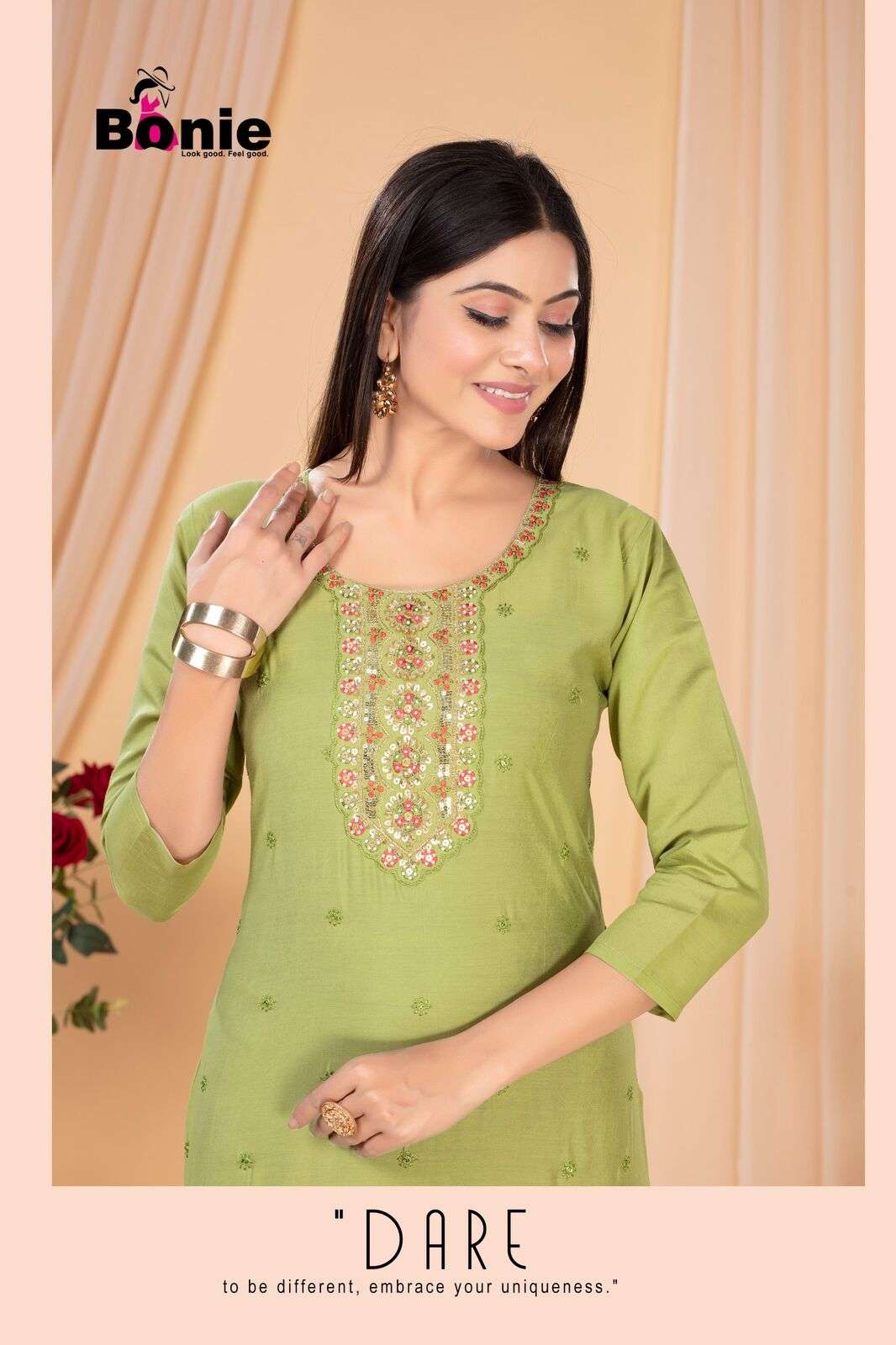 KASHISH VO-2 BY BONIE IN  ROMAN SILK STRAIGHT KURTI WHIT HAND WORK 