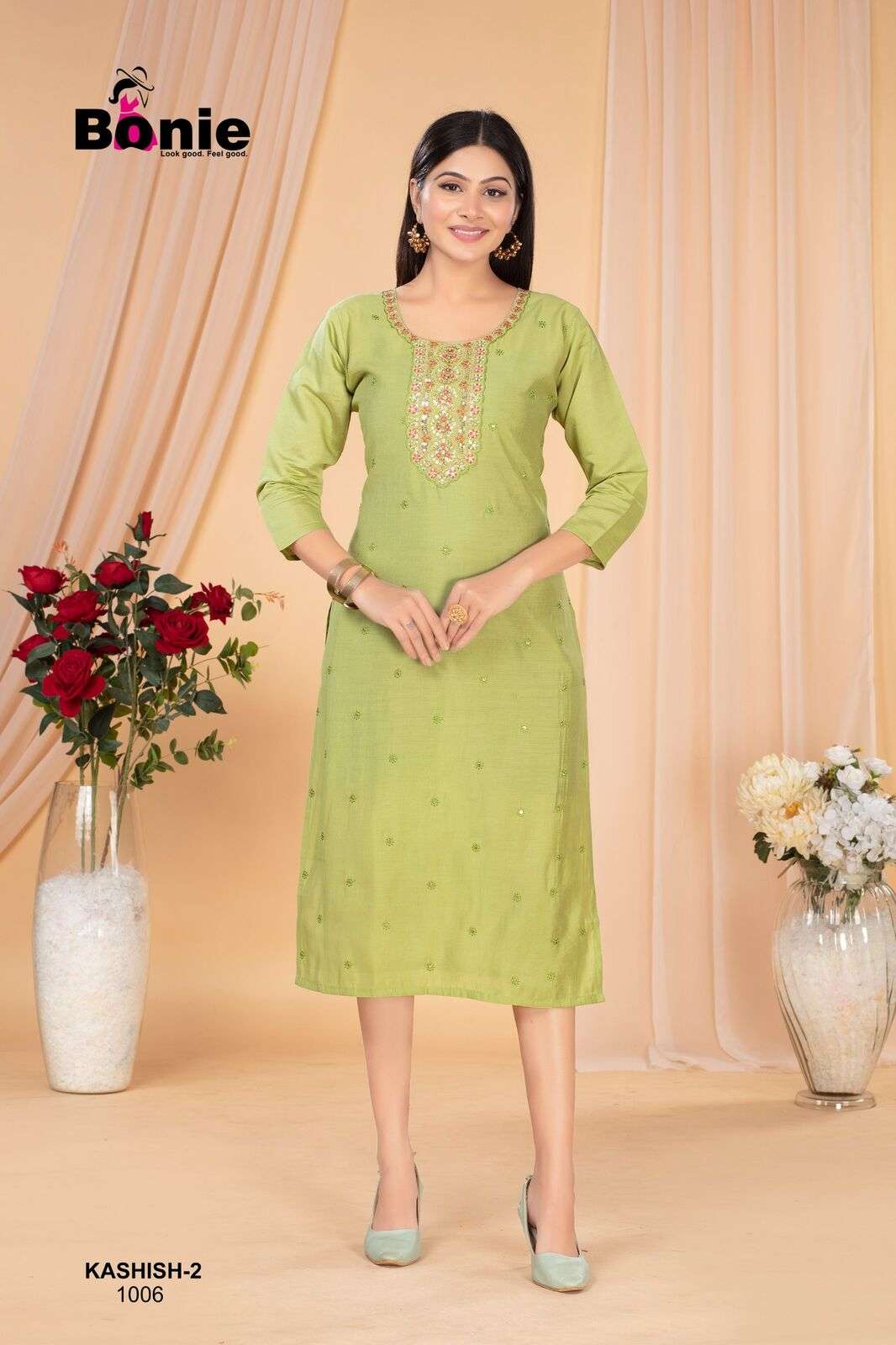 KASHISH VO-2 BY BONIE IN  ROMAN SILK STRAIGHT KURTI WHIT HAND WORK 
