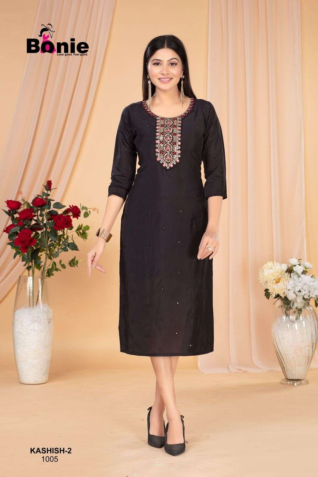 KASHISH VO-2 BY BONIE IN  ROMAN SILK STRAIGHT KURTI WHIT HAND WORK 
