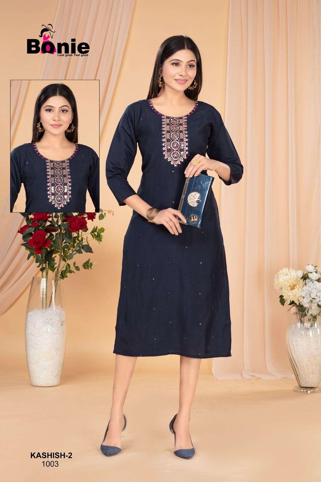KASHISH VO-2 BY BONIE IN  ROMAN SILK STRAIGHT KURTI WHIT HAND WORK 