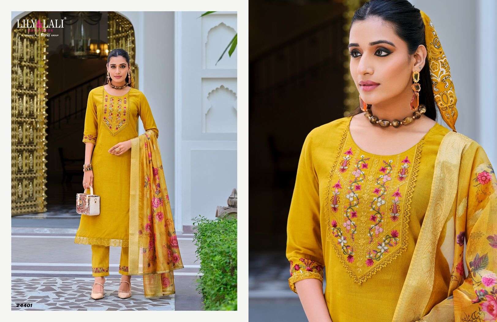 MALVIKA VOL-3 BY LILY & LALI KURTI DUPATTA & PURE VISCOSE PANT WITH ORGANZA EMBROIDERY LACE 