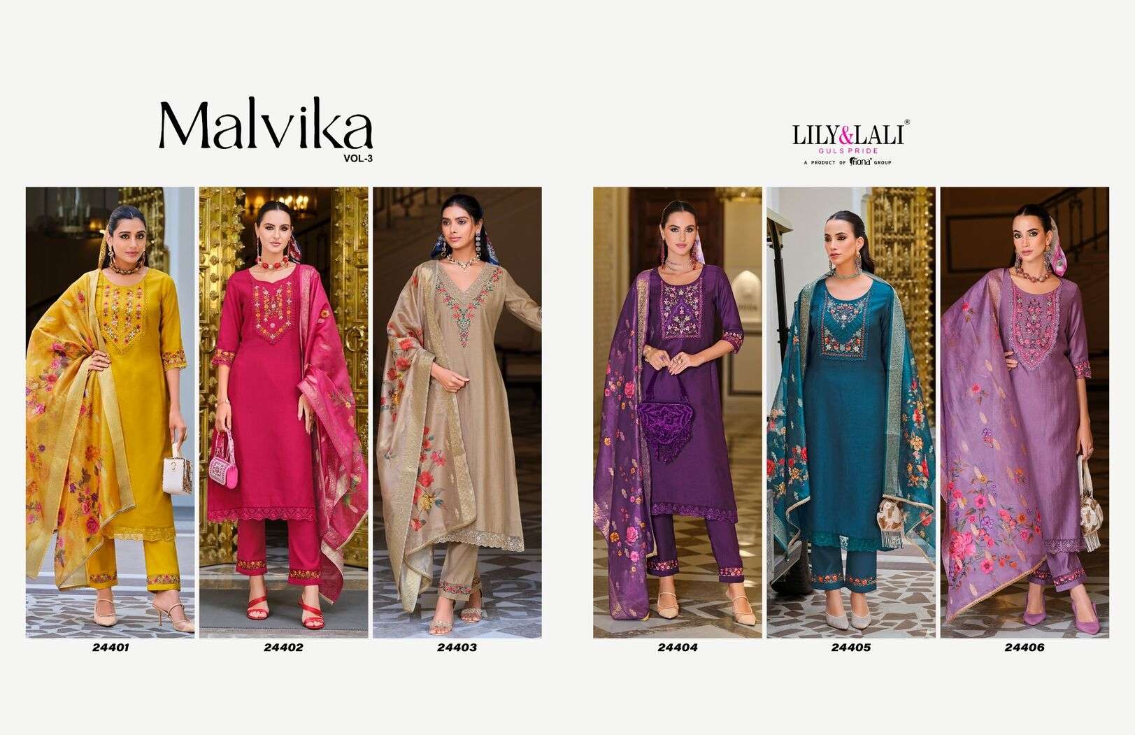 MALVIKA VOL-3 BY LILY & LALI KURTI DUPATTA & PURE VISCOSE PANT WITH ORGANZA EMBROIDERY LACE 