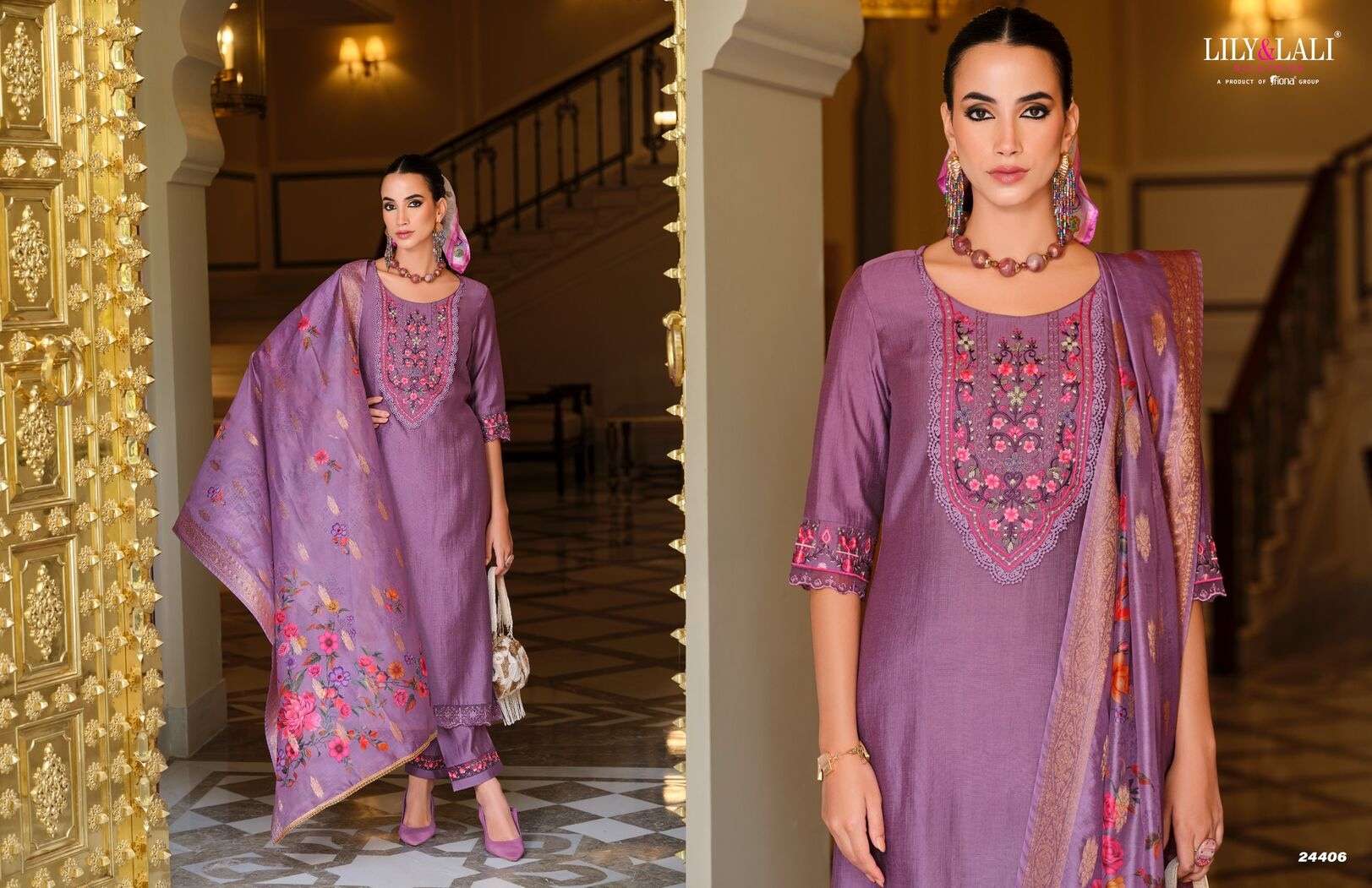 MALVIKA VOL-3 BY LILY & LALI KURTI DUPATTA & PURE VISCOSE PANT WITH ORGANZA EMBROIDERY LACE 