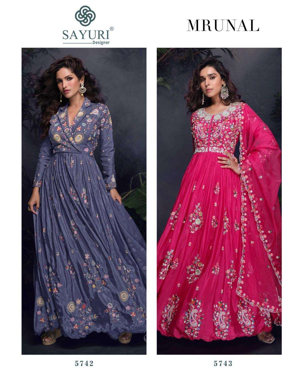 MRUNAL BY SAYURI DESIGNER IN PREMIUM REAL CHINON SILK HANDWORK EMBROIDERED FRONT AND BACK GOWN