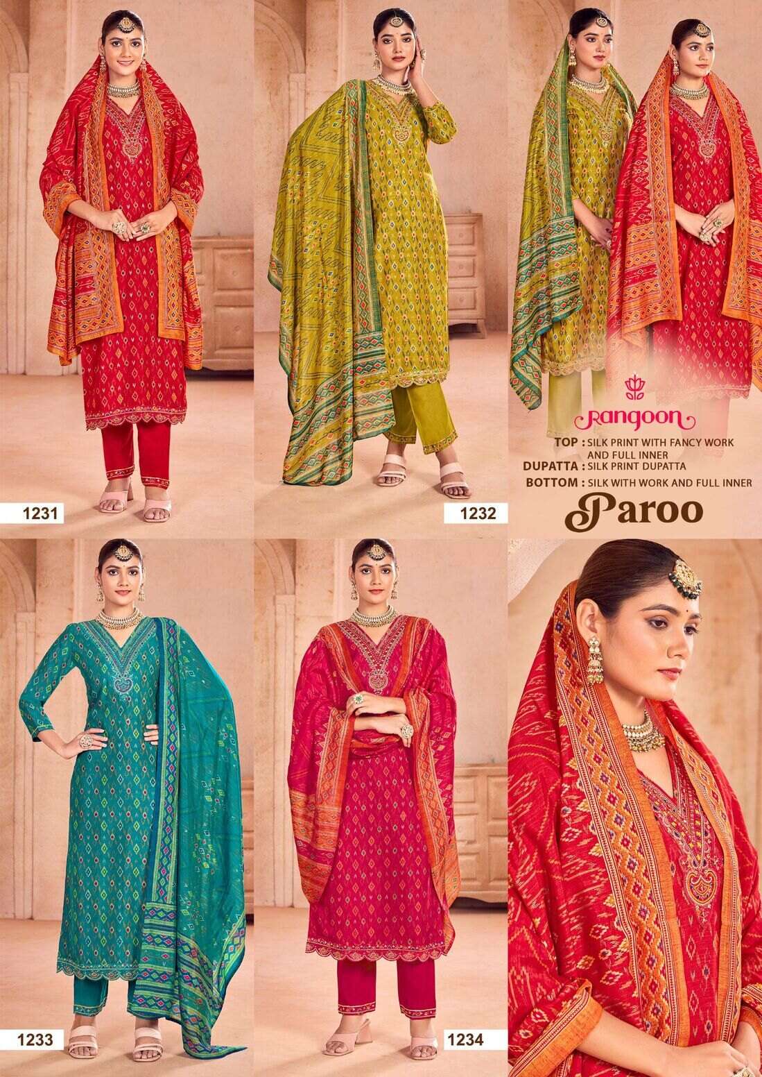 PAROO BY RANGOON KESSI IN SILK PRINT WITH FANCY WORK & KHATI HAND MIRROR WITH FULL INNER