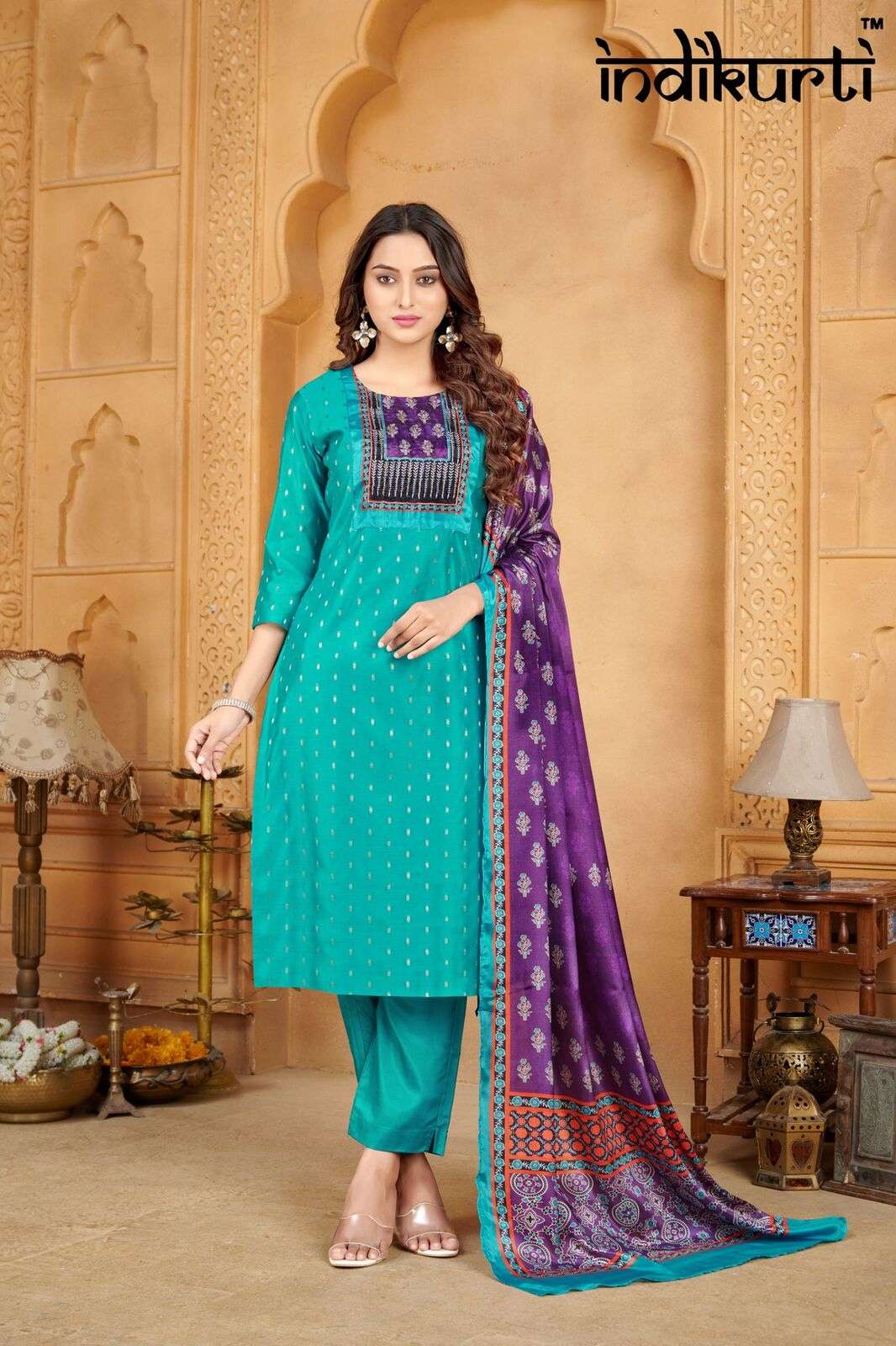 PURVI BY INDIKURTI IN MODAL BUTTI WITH INNER CRAPE AND PATCH WITH HAND WORK 