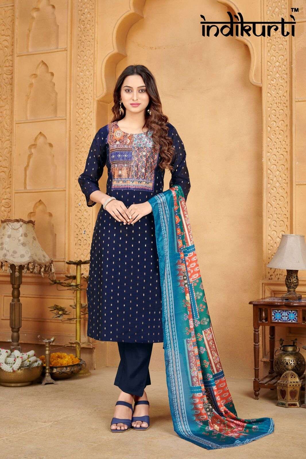 PURVI BY INDIKURTI IN MODAL BUTTI WITH INNER CRAPE AND PATCH WITH HAND WORK 