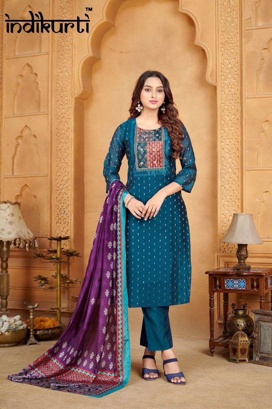 PURVI BY INDIKURTI IN MODAL BUTTI WITH INNER CRAPE AND PATCH WITH HAND WORK 