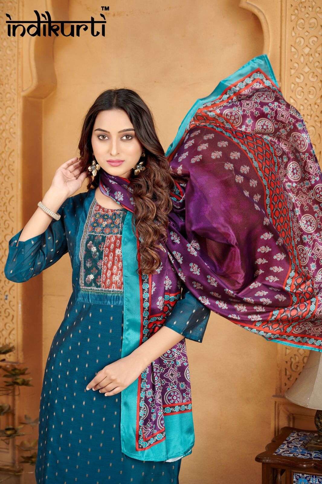 PURVI BY INDIKURTI IN MODAL BUTTI WITH INNER CRAPE AND PATCH WITH HAND WORK 