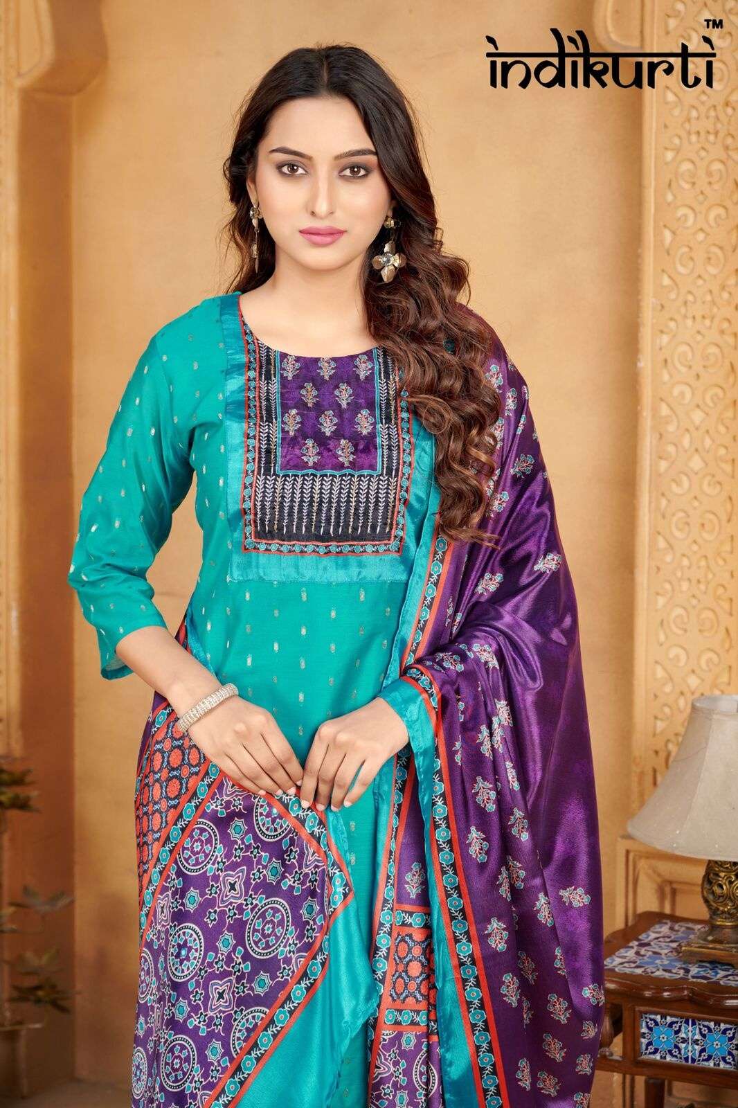 PURVI BY INDIKURTI IN MODAL BUTTI WITH INNER CRAPE AND PATCH WITH HAND WORK 