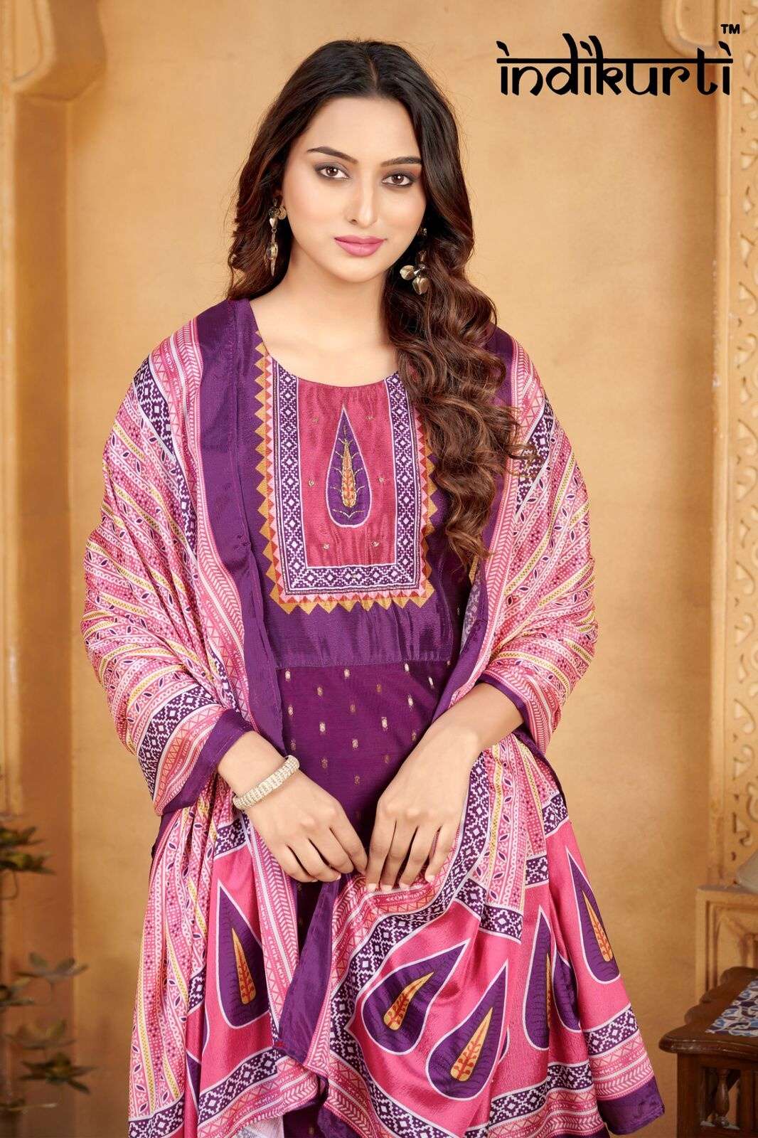 PURVI BY INDIKURTI IN MODAL BUTTI WITH INNER CRAPE AND PATCH WITH HAND WORK 