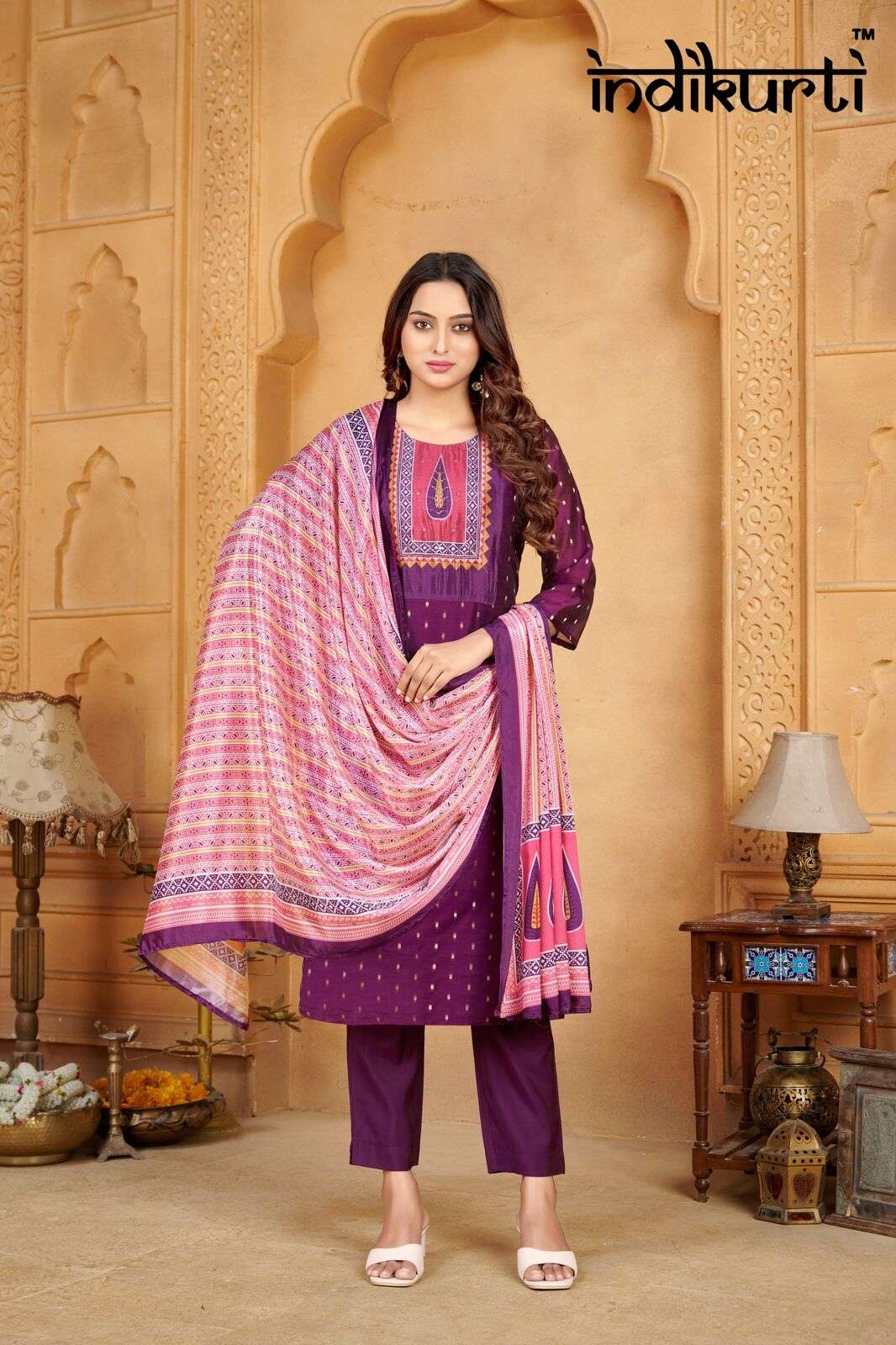 PURVI BY INDIKURTI IN MODAL BUTTI WITH INNER CRAPE AND PATCH WITH HAND WORK 