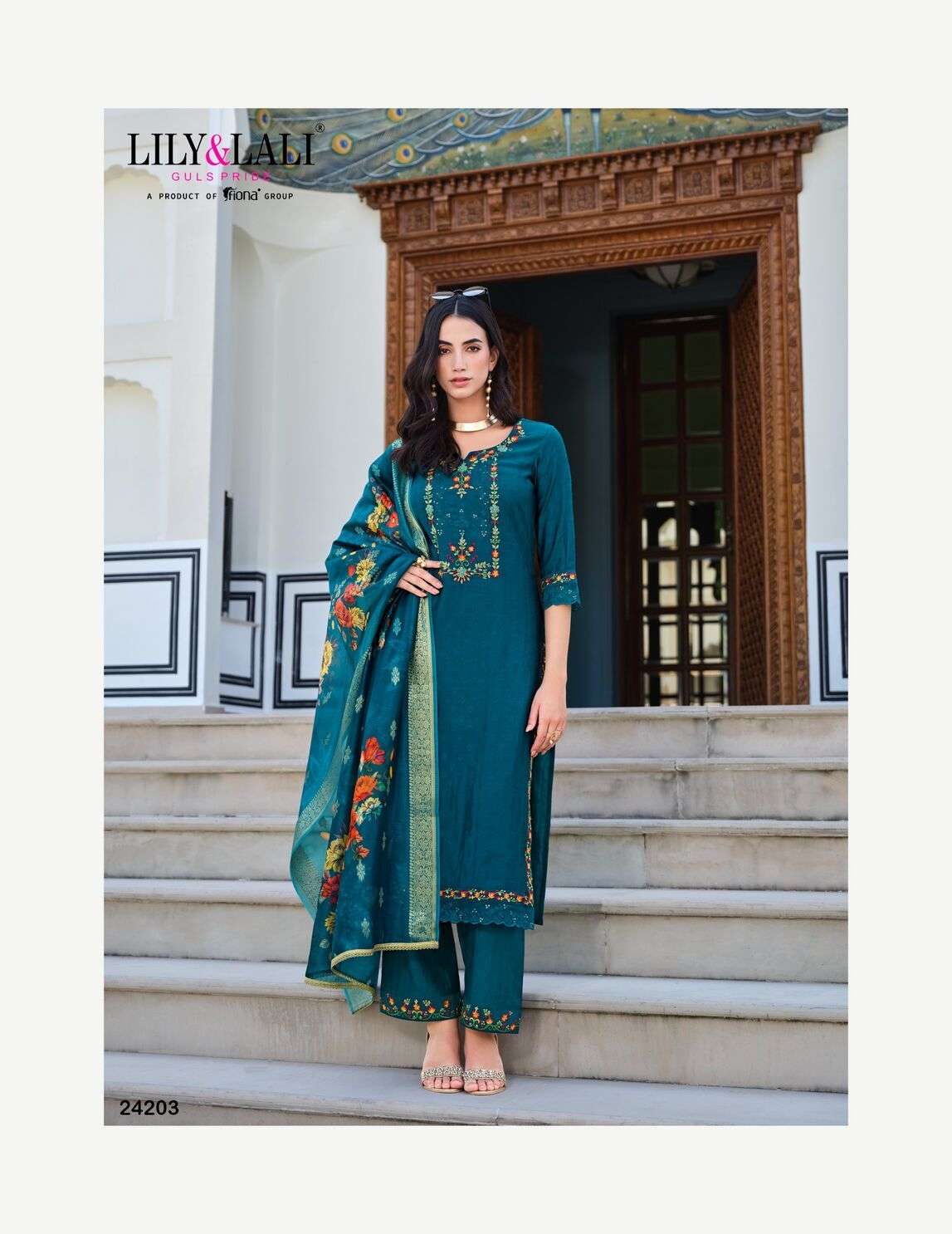 RUBAB VOL-2 BY LILY & LALI SELF JACQUARD VISCOSE SILK EMBROIDERY LACE WITH KURTI PANT & DUPATTA 