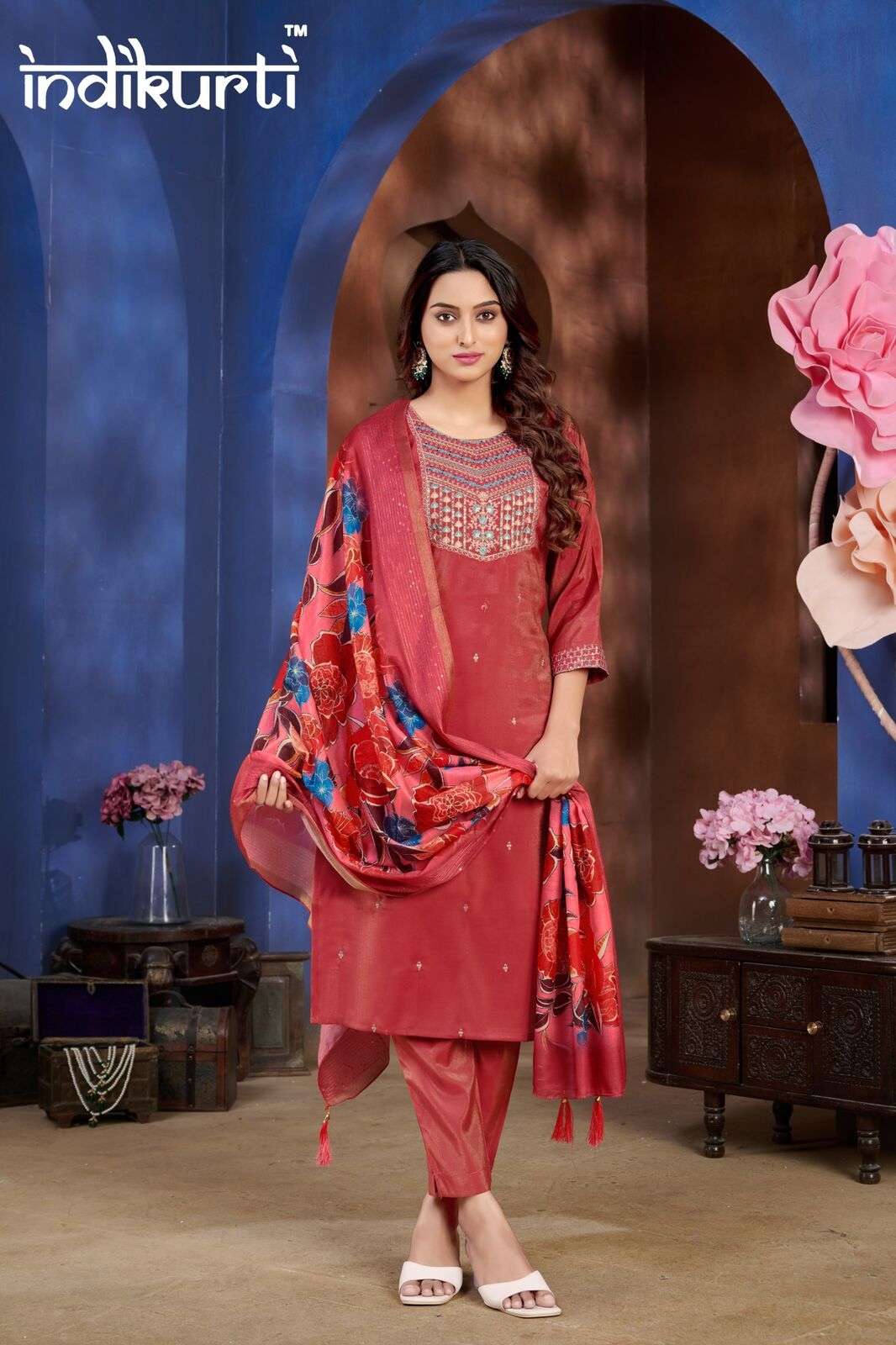 SONIYA BY INDIKURTI IN SHIMMER PV ROMAN WITH HEAVY CHANDERI DIGITAL