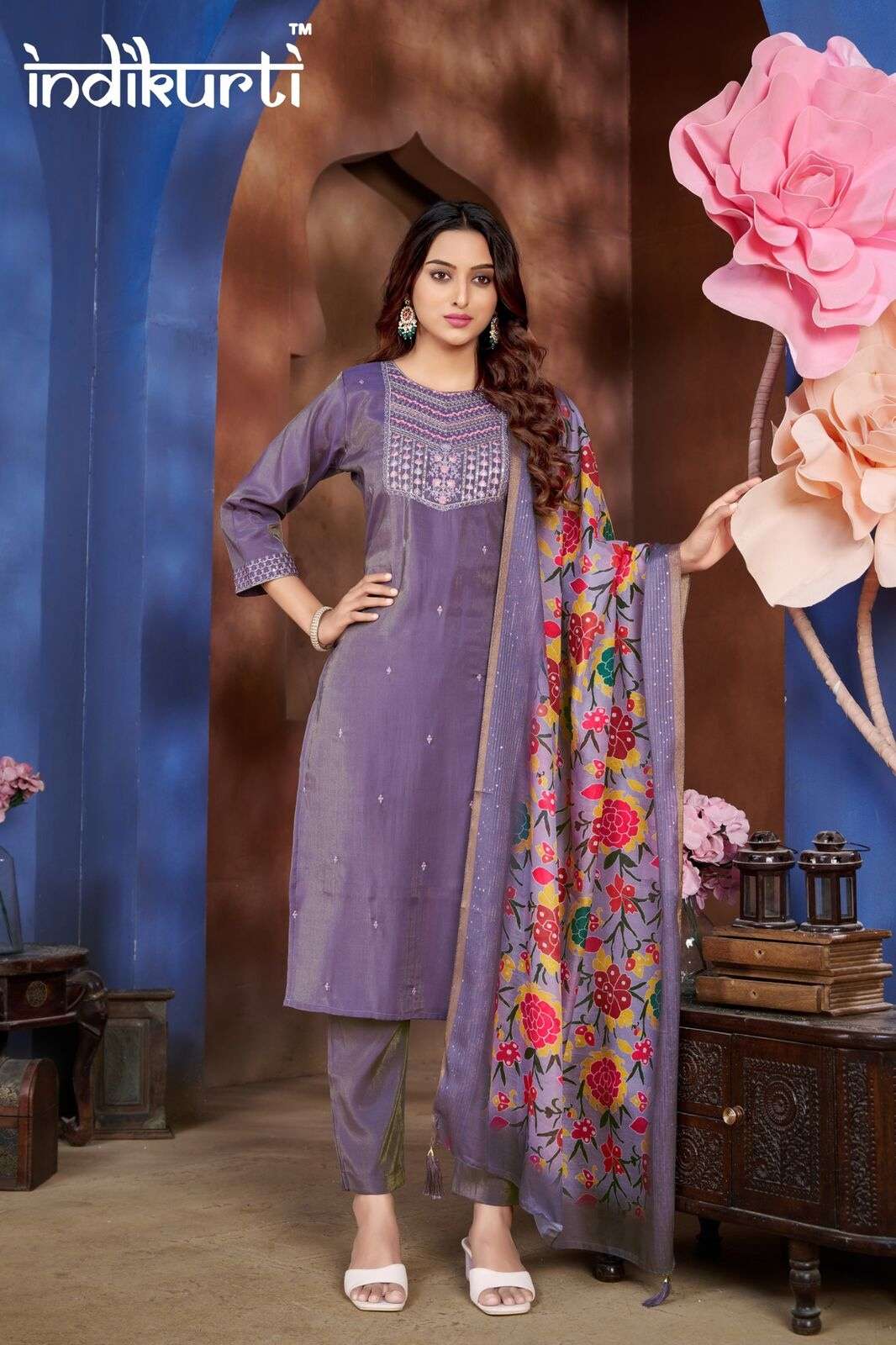 SONIYA BY INDIKURTI IN SHIMMER PV ROMAN WITH HEAVY CHANDERI DIGITAL